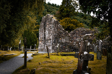 Old Stone Church and Cemetery in Glendalough Valley - Ireland