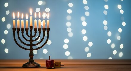 Menorah with eight lit candles and two dreidels on wooden surface hanukkah light