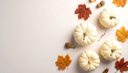 Obraz premium Autumnal Still Life with White Pumpkins and Fall Leaves.