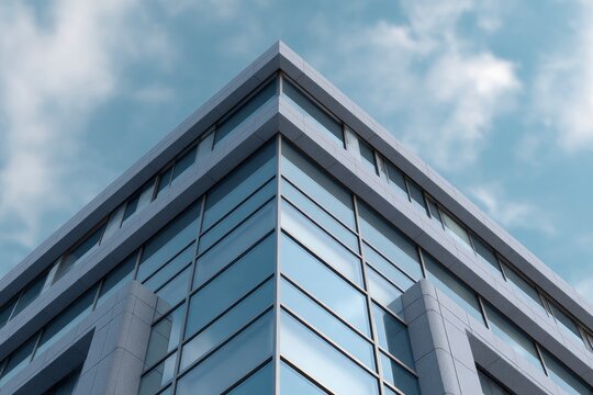 Corner view of a modern building with glass windows against a cloudy sky