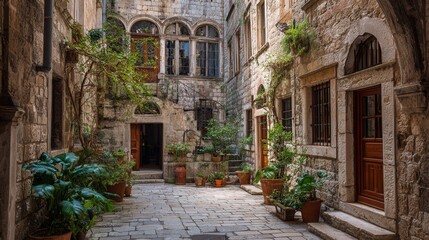 Fototapeta premium old european courtyard, stone walls and windows, rustic urban background