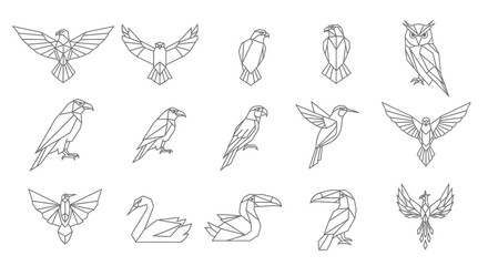 A collection of line art illustrations depicting various birds in a geometric, polygonal style.