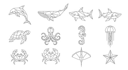 Geometric line art featuring various marine animals including a dolphin, whale, shark, turtle, and other sea creatures.