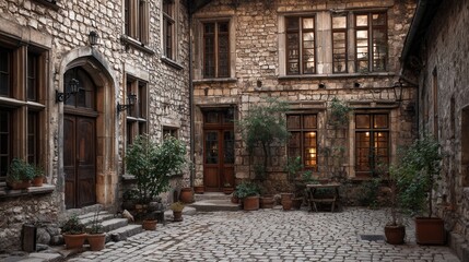 Fototapeta premium old european courtyard, stone walls and windows, rustic urban background 