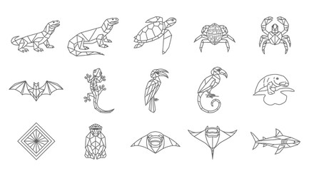 Geometric line art portraits of various wild animals, front-facing.