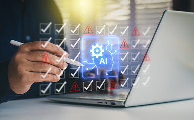 AI-powered automated debugging or troubleshooting. Artificial intelligence diagnostics and detection. System engineer using laptop to instruct AI monitoring. Engineer instruct AI for maintenance.