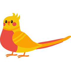 Adorable Cartoon Cockatiel Bird with Yellow and Orange Plumage and Pink Cheeks Standing Isolated on a White Background Representing Pet Birds and Avian Life