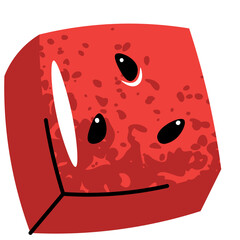 Anthropomorphic Red Square Watermelon Slice Character with a Smiling Face and Three Black Eyes Against a White Transparent Background