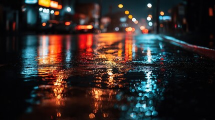 Obraz premium rainy city street, glowing reflections on wet asphalt, moody urban background