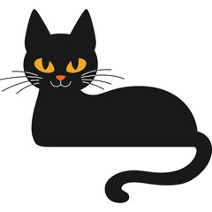 Black Cat Sitting With Yellow Eyes And White Whiskers On Transparent Background Cartoon Style