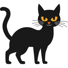 Black Cat With Orange Eyes And Whiskers Standing With Curled Tail Against A White Background A Stylized Illustration