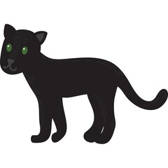 Black Panther Standing Isolated on White Background with Green Eyes and a Curled Tail in a Cartoon Style Illustration