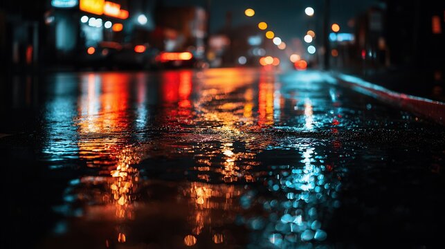 rainy city street, glowing reflections on wet asphalt, moody urban background