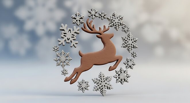 Christmas reindeer leaping through a wreath of snowflakes in winter.