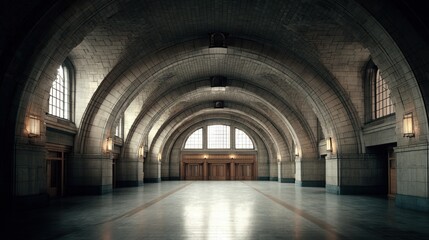 Fototapeta premium vintage train station interior, grand arches, historic urban background 