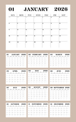 Monthly calendar template for 2026. Printable 2026 monthly calendar with landscape format and minimalist style. Week starts on Sunday.
