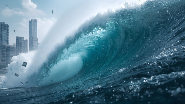 giant tsunami wave frozen in time hyperreal 3d rendering with detailed water motion and mist representing natural power energy and oceanic strength in dramatic blue tones