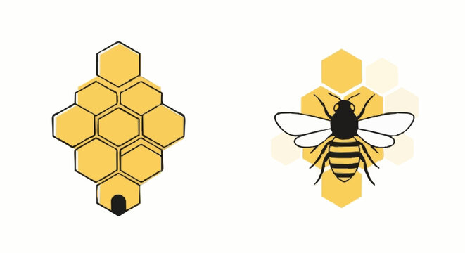 A collection of bee and honeycomb icons for logo design. Stylized vector illustration of a honeybee and beehive for apiculture branding