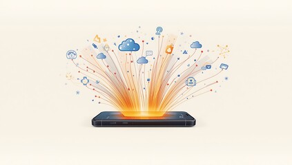 Smartphone emitting a bright light and digital icons into the air