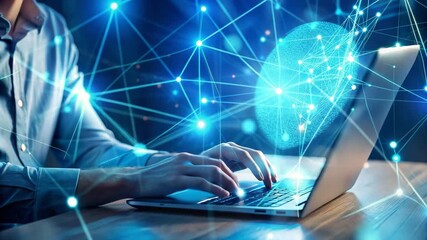 Person typing on laptop with glowing digital network overlay technology connection - Powered by Adobe
