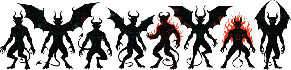 A group of shadowy demonic figures with wings and horns