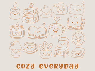Cute Cozy Everyday Clipart Set, Kawaii Doodle Home Elements with Books, Coffee, Candle, Blanket, and Relaxing Lifestyle Icons