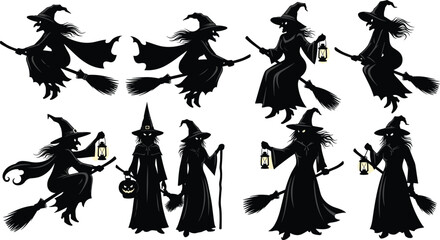 Fototapeta premium A variety of witch silhouettes in classic pointy hats, some flying on broomsticks with lanterns, others standing