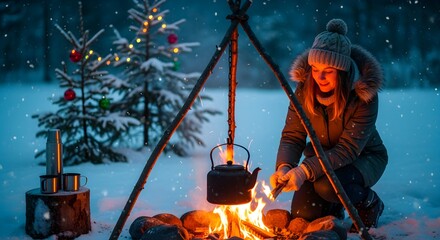 A woman warms water over a crackling campfire in a snowy forest next to a decorated Christmas tree on a cold winter night