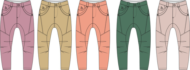 Set of colorful fashion jogger pants with panel details. Vector illustration of technical flat sketches for apparel design and clothing manufacturing