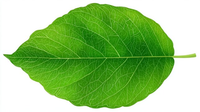 A fresh macro photograph captures a single green leaf isolated on a white background, emphasizing its natural texture and intricate vein details