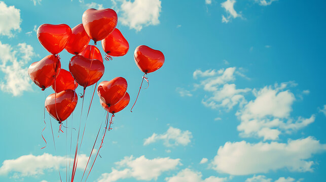 A cluster of red heart shaped balloons floats against a bright blue sky with scattered white clouds love