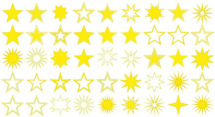 Collection of golden and yellow star shapes with glittering effects for festive design elements