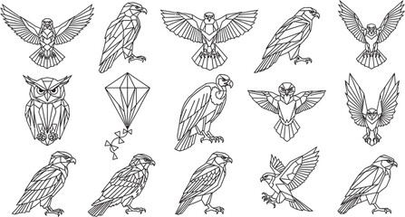Collection of stylized line art illustrations depicting various birds of prey.