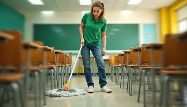 Young woman wearing green shirt cleans classroom floor with mop. She works in empty classroom. School cleaner makes tidiness to ensure safety for pupils and students.