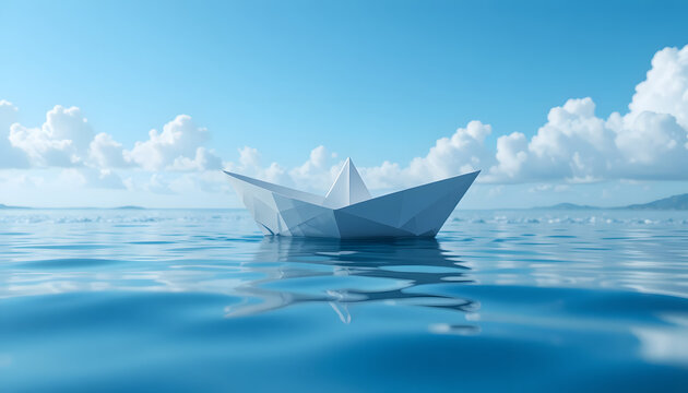 Solitary white paper boat drifts peacefully on calm blue ocean waves under a bright sky with fluffy white clouds - Powered by Adobe