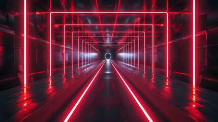 Endless red neon light tunnel with reflective floor and circular portal at the end neon tunnel red light