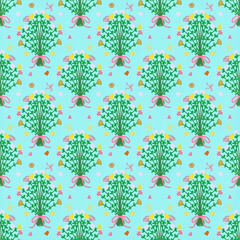 Seamless pattern of colorful flower bouquet on blue background, with love and ribbon ornaments, used for packaging design, wrapping paper, or fabric
