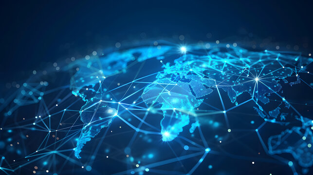 digital world map made of glowing lines and dots, blue futuristic tone, network connections, modern business concept background