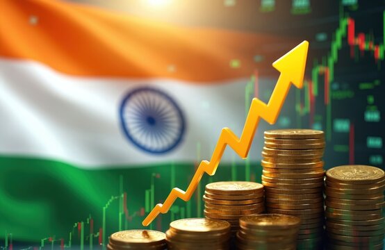 India flag waves behind stacks of gold coins and rising yellow arrow chart. Economy data displays finance growth trend. Digital market shows profit uptrend.