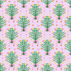 Seamless pattern of colorful flower bouquet on pink background, with love and ribbon ornaments, used for packaging design, wrapping paper, or fabric