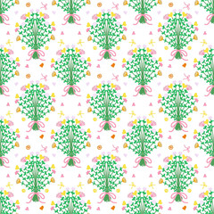 Seamless pattern of colorful flower bouquet on white background, with love and ribbon ornaments, used for packaging design, wrapping paper, or fabric