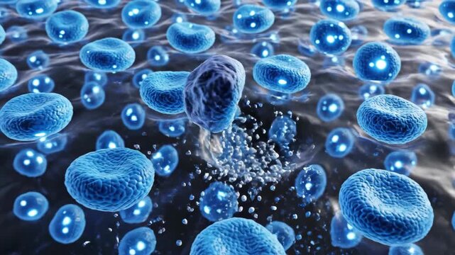 3D animation of senescent cell clearance: a senolytic tags a dull gray cell for removal, and a new healthy blue cell divides to replace it.