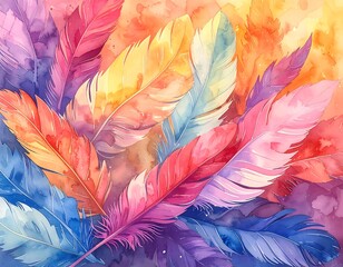 A vibrant watercolor depiction of a collection of colorful feathers overlapping each other