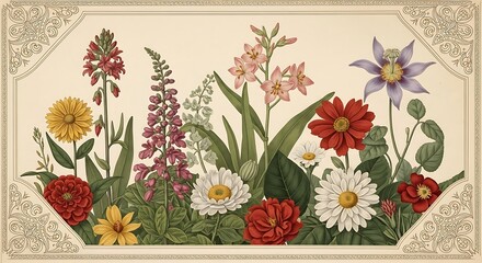 Vintage botanical illustration of diverse colorful flowers and foliage floral