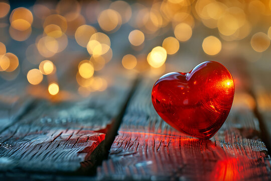 Red glass heart on weathered wooden surface with bokeh lights background object love