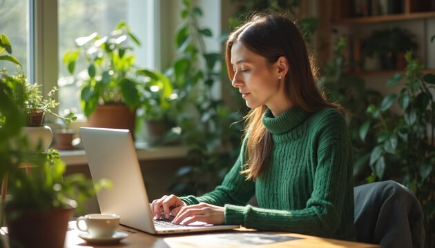 Young adult woman works on laptop at home, focused on computer screen. Types wearing casual green sweater in plant filled room. Green house plants create eco-friendly workspace, boosting well-being,