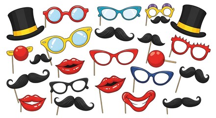 Collection of colorful party props including hats lips glasses and mustaches image
