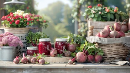 Lively farmer's market stall showcasing jars of beetroot jam, with fresh beetroots and other produce around.