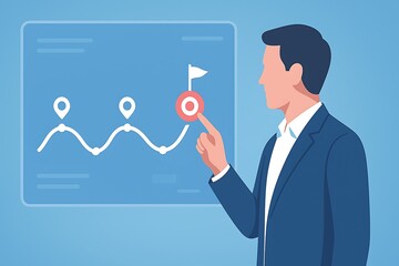 Project and Business Roadmap Concept. interacting with a virtual screen that has a roadmap overlay that shows the stages of a project or strategic planning procedure. Waypoint icons and concludes.