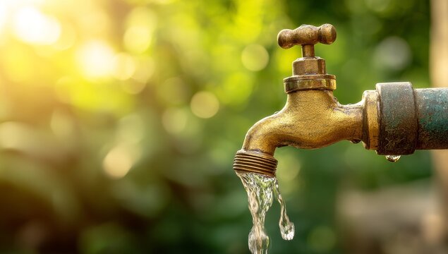 Clear water flows from a vintage metal tap in the garden, which is also known as an old faucet, with a natural backdrop surrounding it